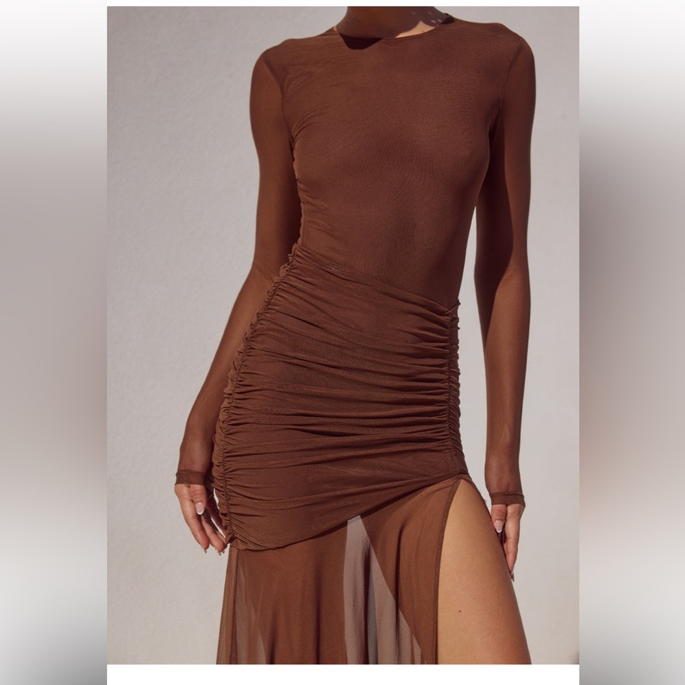 Sheer Ruched Maxi Dress in Chocolate Brown - Picture 6 of 15